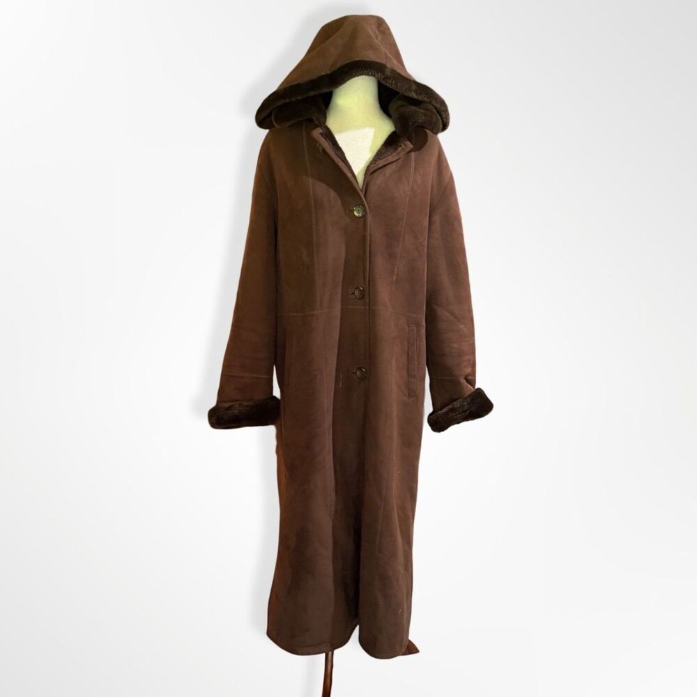 Gallery, Chocolate Brown Fur Faux Suede Long Hooded Jacket, L 90s Duster